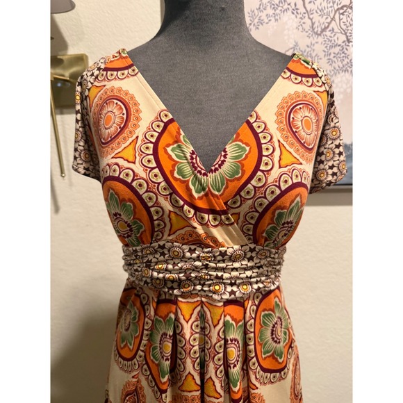 Boho Medallion Print V-Neck Empire Waist Mini Dress Orange Green Cream - Picture 4 of 4